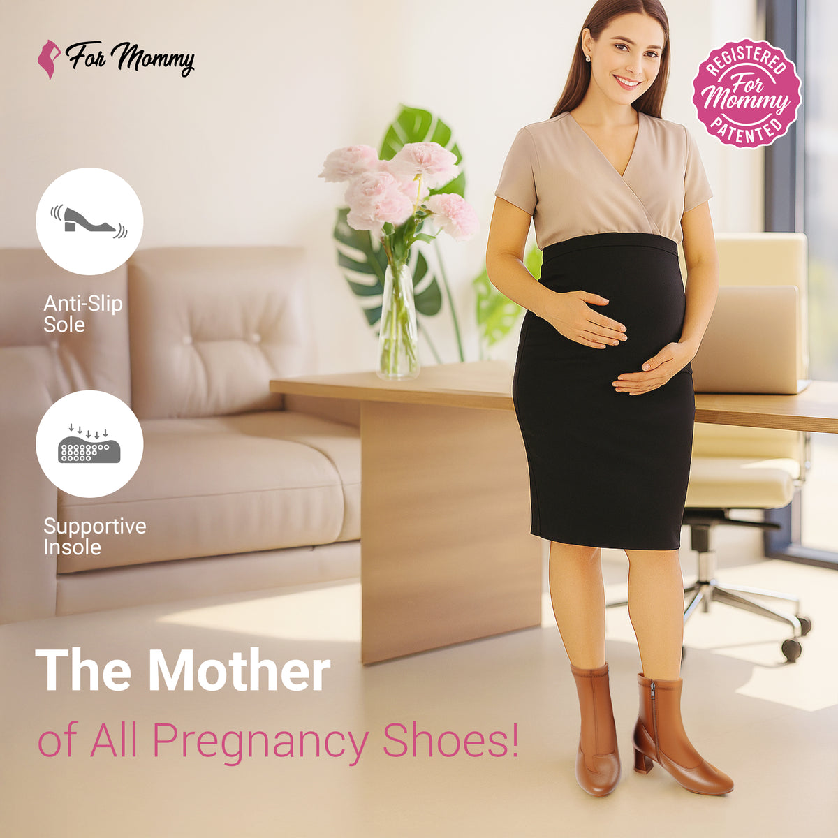 ForMommy Julia Brown - Premium Comfort Heel | Warm-Toned Pregnancy Dress Boot