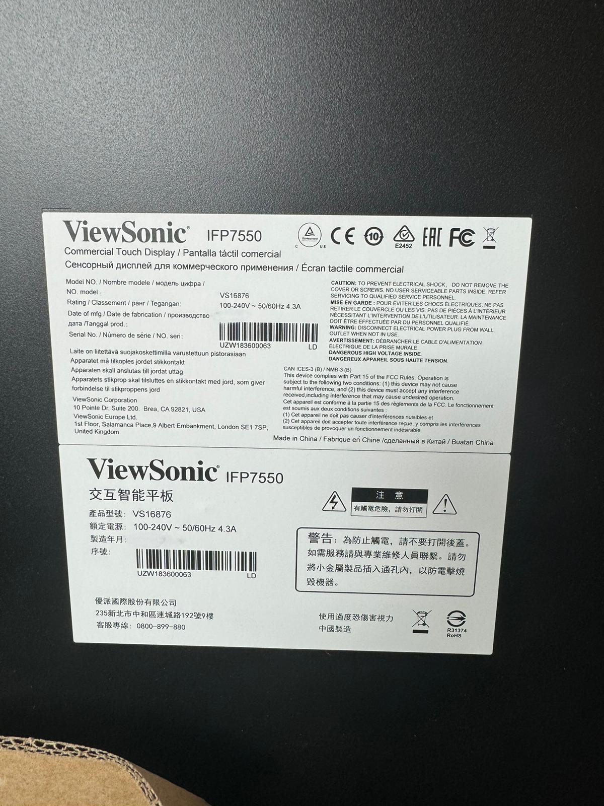 Refurbished ViewSonic IFP7550 75" 4K Ultra HD Interactive Flat Panel Display